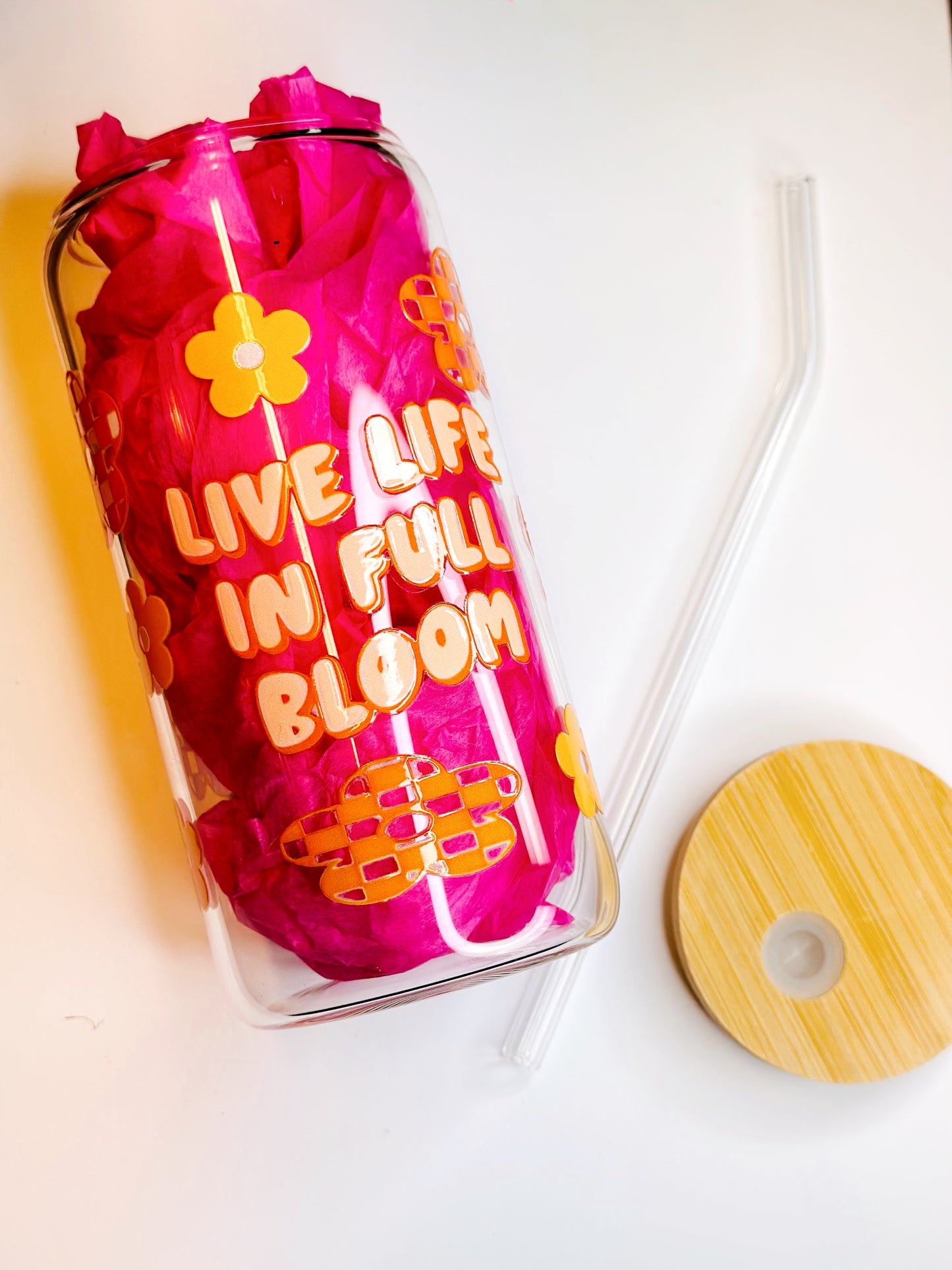 16oz glass tumbler with bamboo lid - live life in full bloom