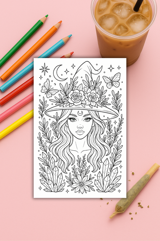 Colouring pages *DOWNLOAD OPTION AVAILABLE* - Floral witch