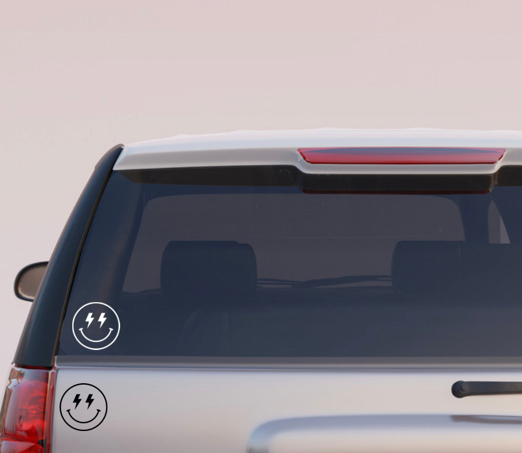 Vinyl vehicle decals - smiley face lightening bolt eyes