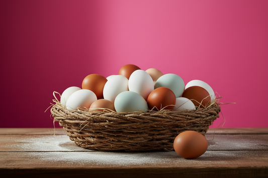 Basket of eggs with solid hot pink background